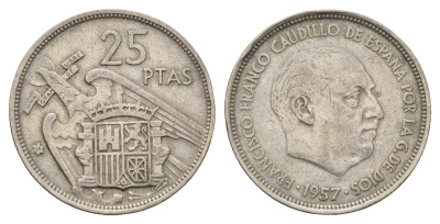 Испания 25 песет 1957 (58) Франсиско Франко (1939 - 1975) KM 787 медно-никель 4633-1044