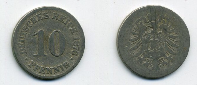 Германия 10 пфеннигов 1876 старогербовка KM 4, Jager 4, Weege 7 медно-никель 58-211