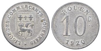 Франция, Руан 10 сантимов 1920 диаметр 23 мм, вес 1 гр Elie mon 15.2 алюминий 4126-953