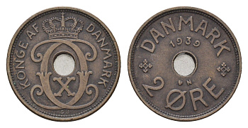 Дания 2 эре 1939 N, Кристиан X (1912-1947) KM 827 бронза 4701-912