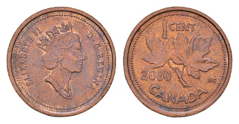 Канада 1 цент 2000 Елизавета II (1952-2022), кленовый лист KM 289 цинк плакированный медью 4684-626