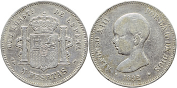 Испания 5 песет 1892 PG-M, Альфонсо XIII (1886-1931) KM 689 серебро 1067-1-13
