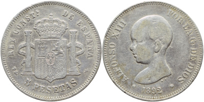 Испания 5 песет 1892 PG-M, Альфонсо XIII (1886-1931) KM 689 серебро 1067-1-13