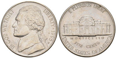 США 5 ЦЕНТОВ 1995 D, ДЖЕФФЕРСОН KM A192 медно-никель 190-142