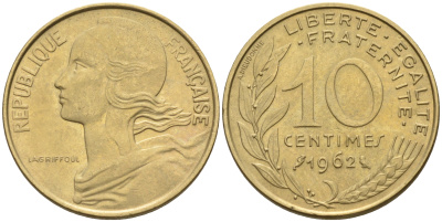 Франция 10 сантимов 1962 тип Марианна KM 929 медь алюминий никель    4594-1151