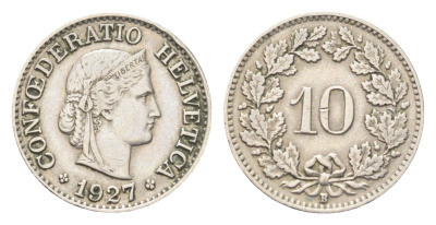 Швейцария 10 раппенов 1927 B KM 27 медно-никель 4708-142
