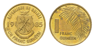 Гвинея 1 франк 1985 год-тип KM 56 сталь плакированная латунью UNC 4682-563