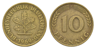 ФРГ 10 пфеннигов 1969 F KM 108, J. 383 сталь плакированная латунью 4684-1168