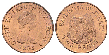 Джерси 2 пенса 1983 Елизавета II (1952-2022), Сент-Хелиер KM 55 бронза UNC 4666-724