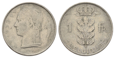 Бельгия 1 франк 1952 Belgique KM 142 медно-никель 4684-817