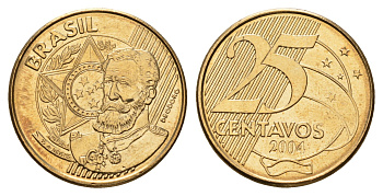 Бразилия 25 сентаво 2004 KM 650 сталь плакированная латунью UNC 4163-845