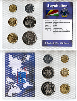 Сейшельские Острова (Сейшелы) набор из 6 монет (1, 5, 10 и 25 центов; 1 и 5 рупий) 2004 и 2007 в красочной упаковке с информацией о стране KM 46, 47a, 48a, 49a, 50.1 и 51 UNC 3-4-1-42-2
