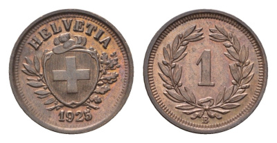 Швейцария 1 раппен 1925 B KM 3.2 бронза aUNC 1529-944