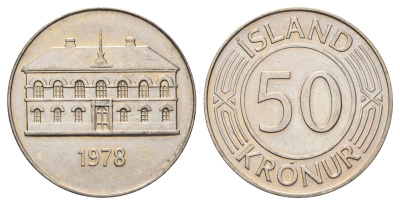 Исландия 50 крон 1978 здание парламента в Рейкьявике KM 19 медно-никель UNC 4517-626