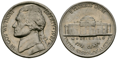 США 5 центов 1987 Джефферсон KM A192 медно-никель 4135-452