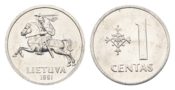 Литва 1 цент (сент) 1991 год-тип KM 85 алюминий UNC 4689-1019