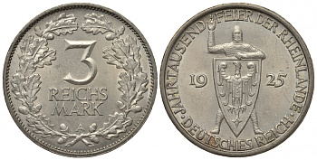 Германия 3 марки 1925 A - 1000 летие Рейнланд J. 321, KM 48 серебро aUNC 00-00