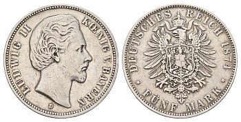 Бавария 5 марок 1874 D, Людвиг II (1864-1886) KM 896, J. 42, Davenport 616 серебро 1529-1313