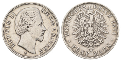 Бавария 5 марок 1874 D, Людвиг II (1864-1886) KM 896, J. 42, Davenport 616 серебро 1529-1313