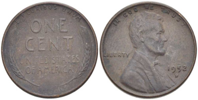 США 1 ЦЕНТ 1952 D, ЛИНКОЛЬН KM А132 медь цинк 218-962