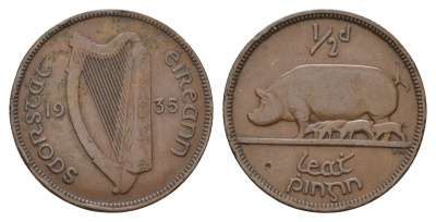 Ирландия 1/2 пенни 1935 свинья с поросятами KM 2 бронза 4121-1234