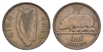 Ирландия 1/2 пенни 1940 свинья с поросятами KM 10 бронза 4695-546