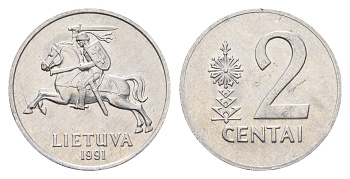 Литва 2 цента (сента) 1991 год-тип KM 86 алюминий aUNC 4689-1045