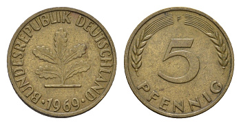 ФРГ 5 пфеннигов 1969 F KM 107, J. 382 сталь плакированная латунью 4684-1165