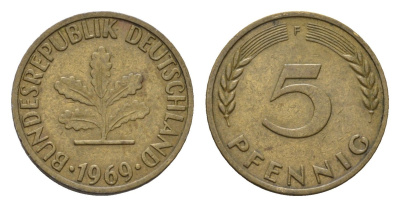 ФРГ 5 пфеннигов 1969 F KM 107, J. 382 сталь плакированная латунью 4684-1165