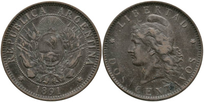 Аргентина 2 сентаво 1891 голова свободы влево KM 8 бронза 4531-1042