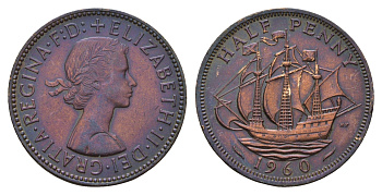 Великобритания 1/2 пенни 1960 Елизавета II (1952-2022) KM 896, Spink 4158 бронза 94-1151