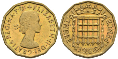 Великобритания 3 пенса 1966 Елизавета II (1952-2022) KM 900, Spink 4153 никель латунь 4592-426