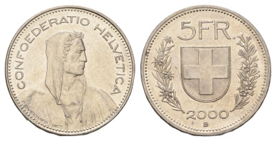 Швейцария 5 франков 2000 B KM 40a.4 медно-никель 4521-1124