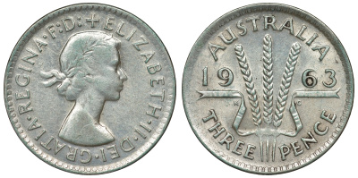 Австралия 3 пенса 1963 m, Елизавета II (1952-2022) KM 57 серебро 71-935