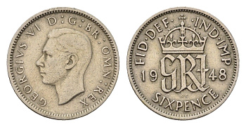 Великобритания 6 пенсов 1948 Георг VI (1936-1952) KM 862, Spink 4105 медно-никель 99-963