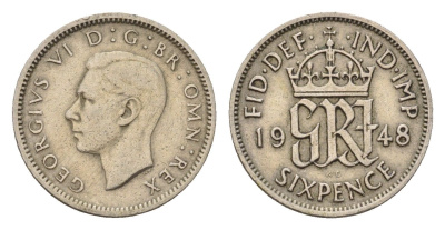 Великобритания 6 пенсов 1948 Георг VI (1936-1952) KM 862, Spink 4105 медно-никель 99-963