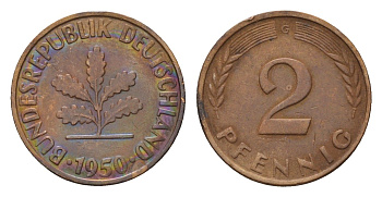 ФРГ 2 пфеннига 1950 G KM 106, J. 381 бронза 4594-414
