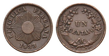 Перу 1 сентаво 1933 KM 211 бронза 1523-941
