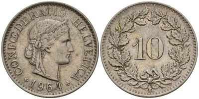 Швейцария 10 раппенов 1964 B KM 27 медно-никель 4189-535