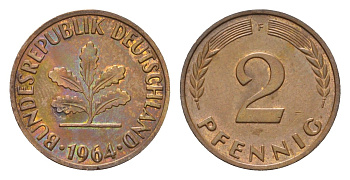 ФРГ 2 пфеннига 1964 F KM 106, J. 381 бронза 4564-1121
