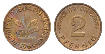 ФРГ 2 пфеннига 1964 F KM 106, J. 381 бронза 4564-1121