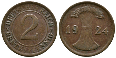 ГЕРМАНИЯ 2 РЕНТЕНПФЕННИГА 1924 E KM 31, J.307 бронза 86-1613
