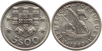 ПОРТУГАЛИЯ 5 ЭСКУДО 1983 ПАРУСНИК KM 591 медно-никель UNC 4395-917