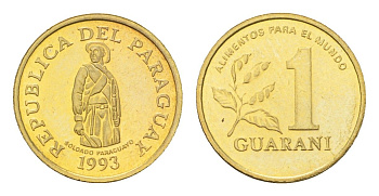 Парагвай 1 гуарани 1993 год-тип KM 192 сталь плакированная латунью UNC 4685-558