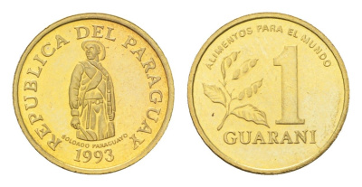 Парагвай 1 гуарани 1993 год-тип KM 192 сталь плакированная латунью UNC 4685-558