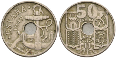 Испания 50 сентимо 1949 Франсиско Франко (1939 - 1975) KM 777 медно-никель 4155-254
