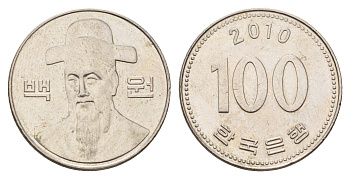 Южная Корея 100 вон 2010 Ли-Сунсин, корейский флотоводец KM 35 медно-никель 4638-1153