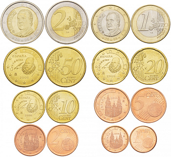 Испания полный евронабор из 8 монет 2006 1, 2, 5, 10, 20, 50 евроцентов, 1 и 2 евро KM 1040, 1041, 1042, 1070, 1071, 1072, 1073, 1074 4686-231-238