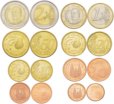 Испания полный евронабор из 8 монет 2006 1, 2, 5, 10, 20, 50 евроцентов, 1 и 2 евро KM 1040, 1041, 1042, 1070, 1071, 1072, 1073, 1074 4686-231-238