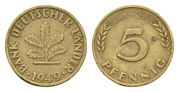 ФРГ 5 пфеннигов 1949 D KM 102, J. 377 сталь плакированная латунью 4685-361